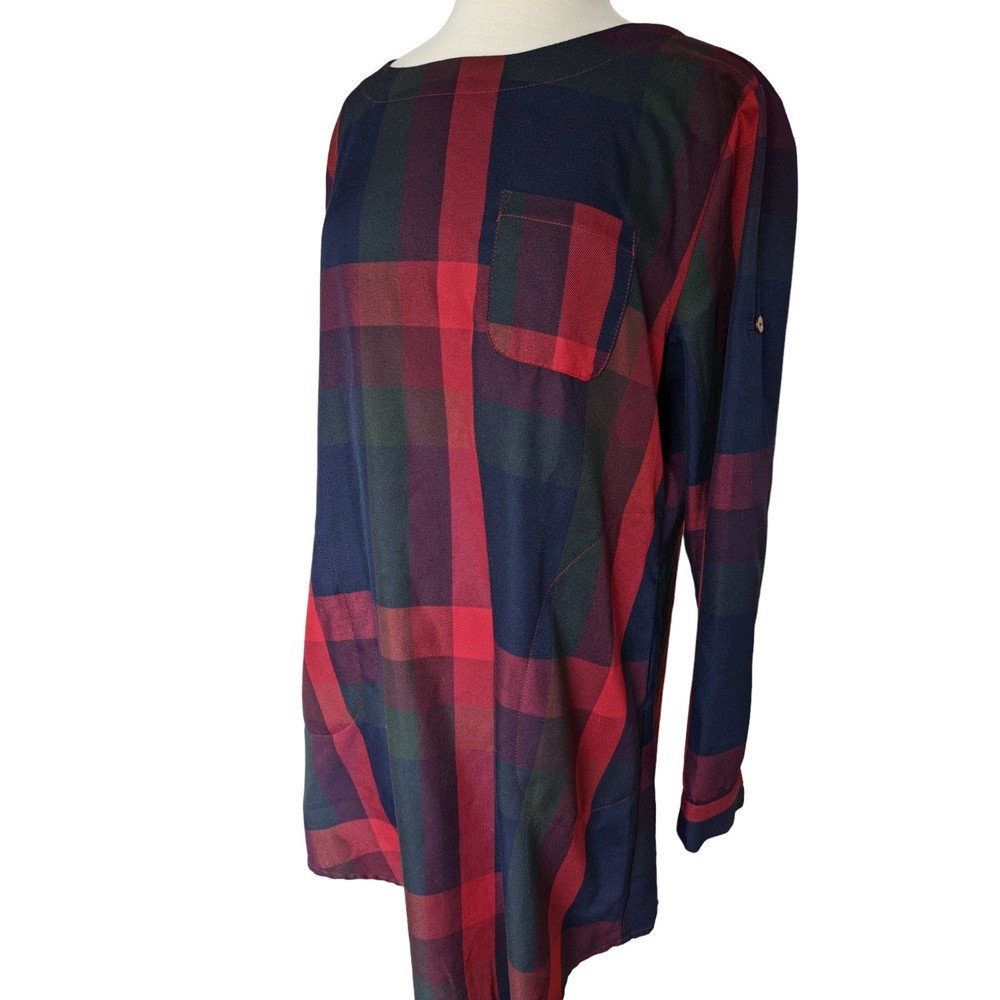 CupShe Red Blue Green Plaid Shift Tunic Button-sleeve Dress | Women's Size XL